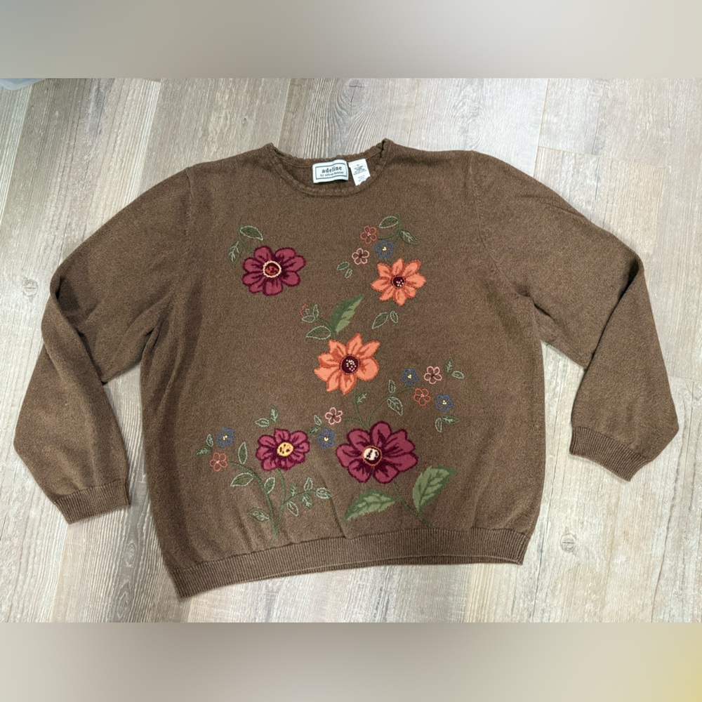 Adeline Alfred Dunner Brown Sweater with Floral Embroidery 100% Cotton Ramie